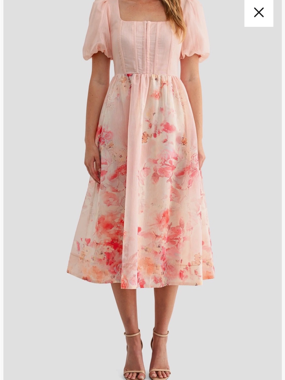 Mila Mae Pink Floral Puff Sleeve Midi Dress Size L